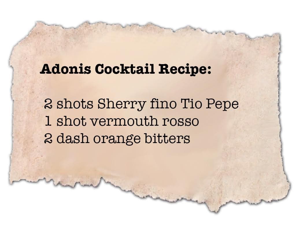 Which ingredients are used to prepare an Adonis cocktail? Erase the photo on the screen with your finger to discover front