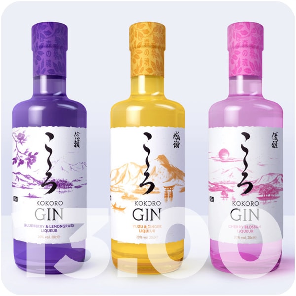 3 Japanese gin liqueurs signed by Kokoro Gin