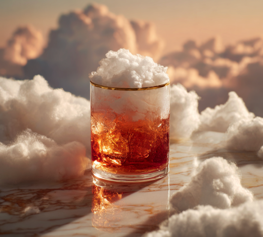 Un cocktail de couleur ambre dans un verre à l'ancienne avec un rebord doré, surmonté d'une mousse épaisse ressemblant à un nuage blanc, posé sur du marbre avec des nuages en arrière-plan au coucher du soleil.