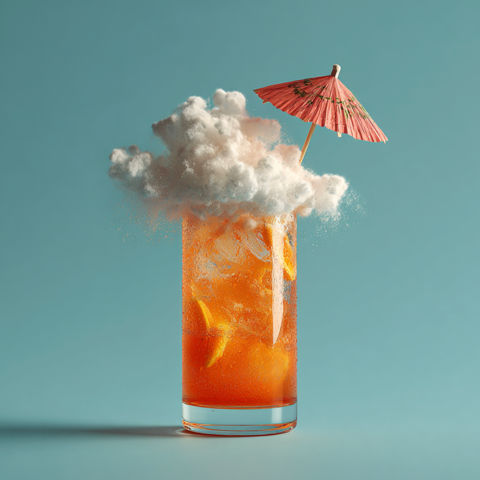 Un cocktail orange pétillant dans un grand verre avec des tranches d'orange, un petit parasol rose et une mousse blanche sculptée comme un nuage sur un fond bleu uni.