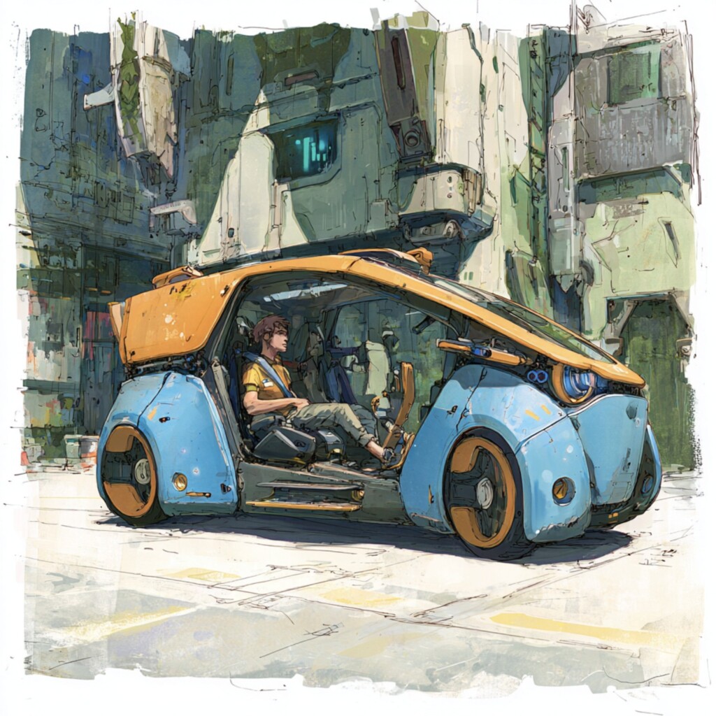 Illustration stylisée d'un robotaxi autonome bleu et orange avec un passager assis à l'intérieur dans une ville futuriste.