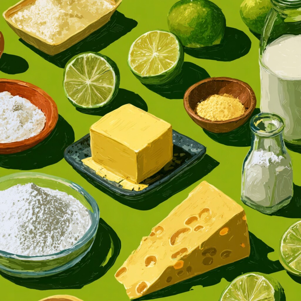 A top-down digital painting of ingredients for Brazilian cheese bread and caipirinhas, including tapioca flour, a block of cheese, butter, limes, and milk on a bright green background.
