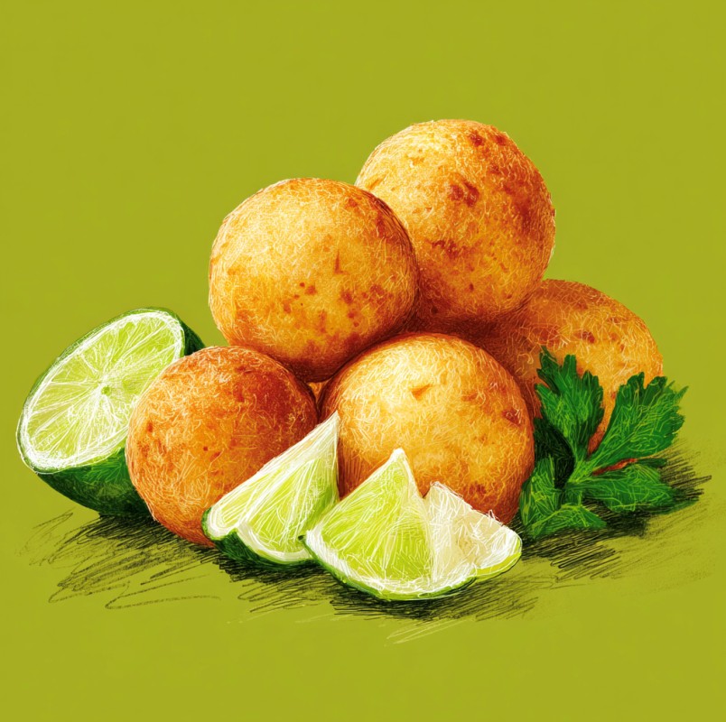 A digital sketch of five golden-brown Brazilian cheese bread balls piled together, garnished with lime wedges and a sprig of parsley against a green background.