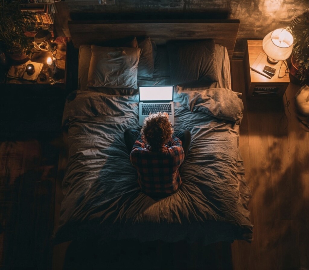 Overhead view of a person with curly hair sitting cross-legged on a bed in a dimly lit room, looking at a glowing laptop screen at night.