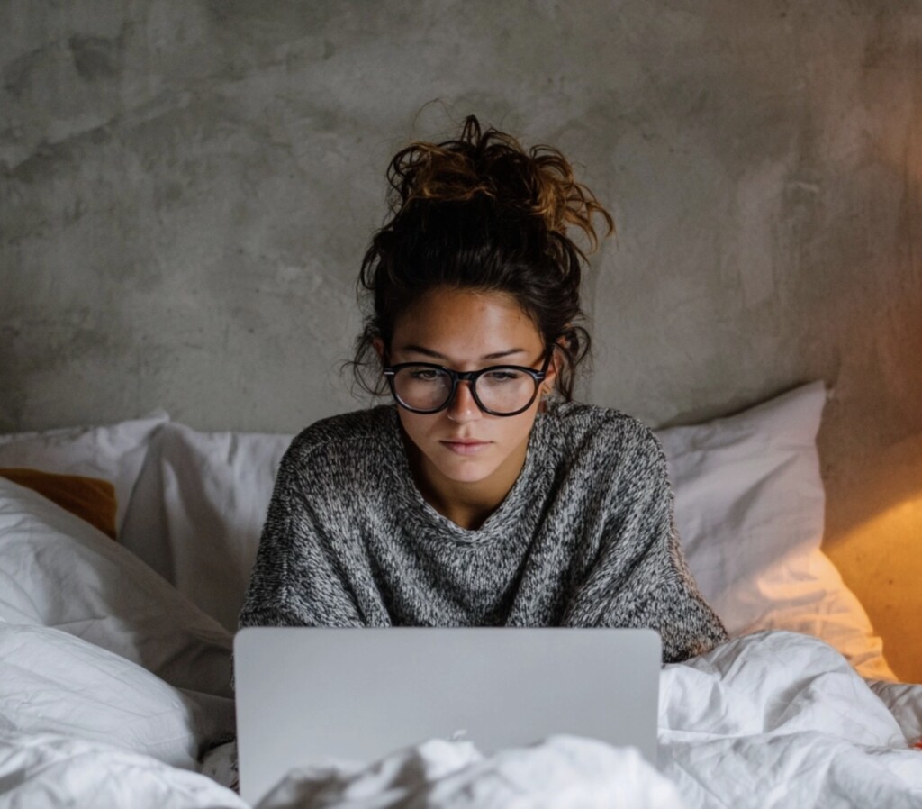 Woman sitting in front of her laptop on her bed