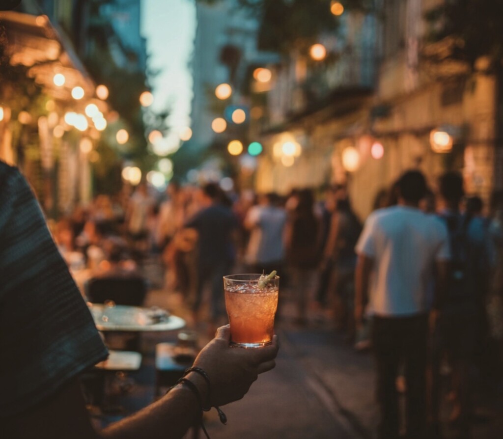 Close-up of a person's hand holding an iced cocktail with a citrus garnish on a busy, blurred city street at night under warm string lights.